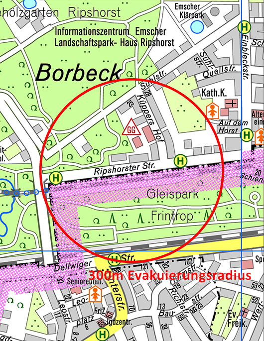 Karte mit Evakuierungsradius