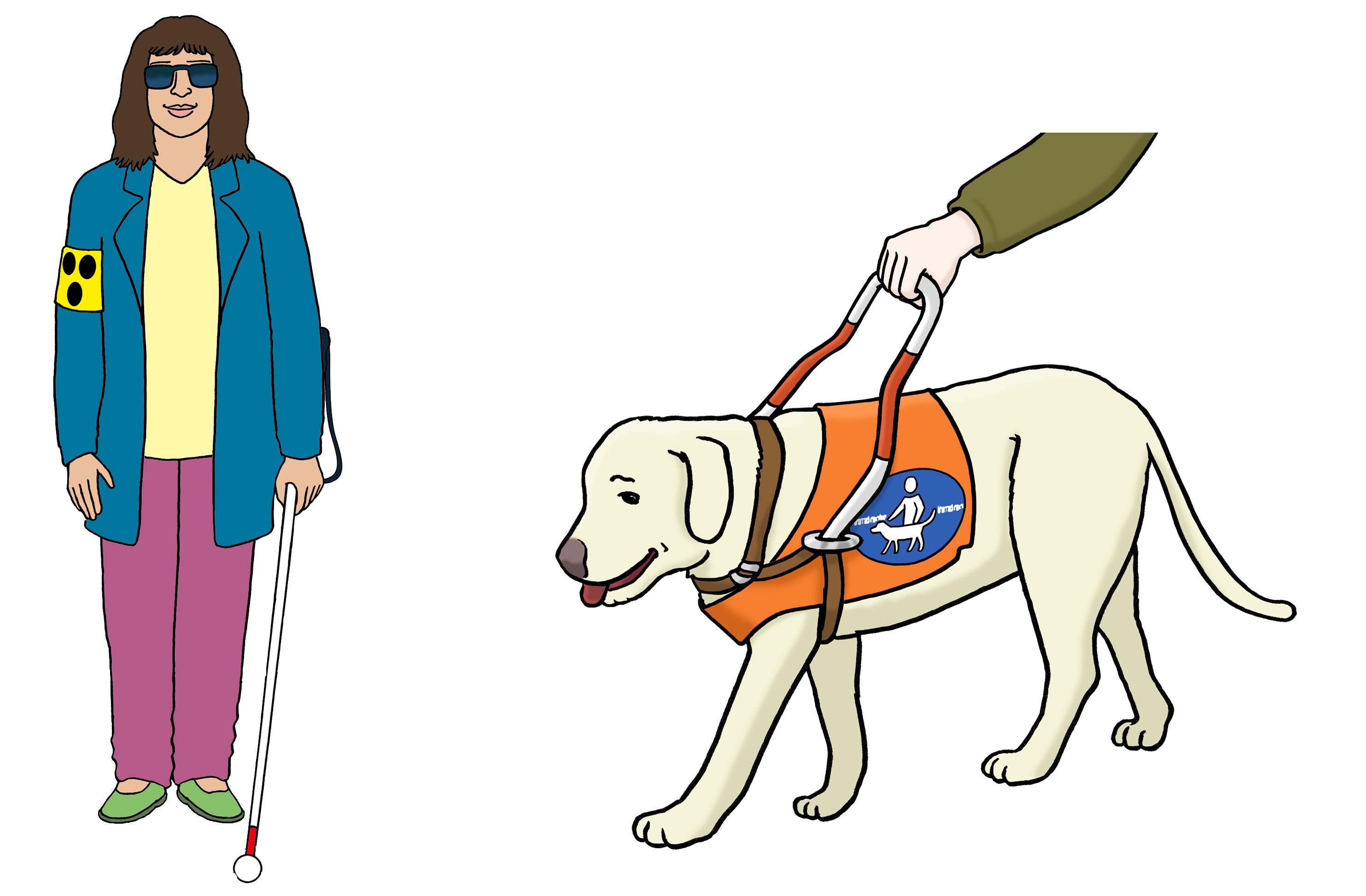 Frau mit Blindenhund, Grafik: Lebenshilfe für Menschen mit geistiger Behinderung Bremen e.V. Illustrator Stefan Albers, Atelier Fleetinsel, 2013