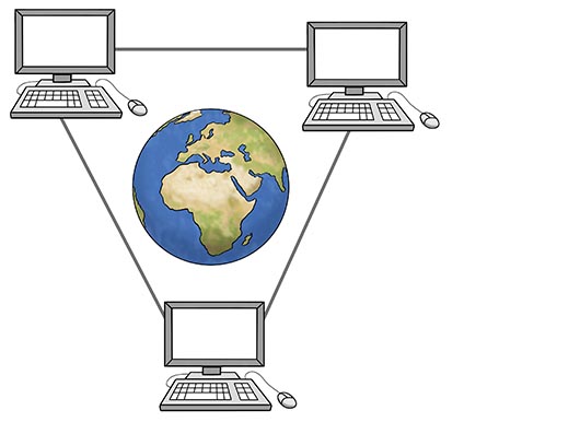 Drei Computer um eine Weltkugel
