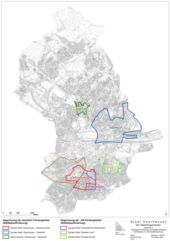 Abbildung: Laufende und abgeschlossene Programmgebiete der Städtebauförderung in Oberhausen. Gefördert von Bund, Land und der Stadt Oberhausen